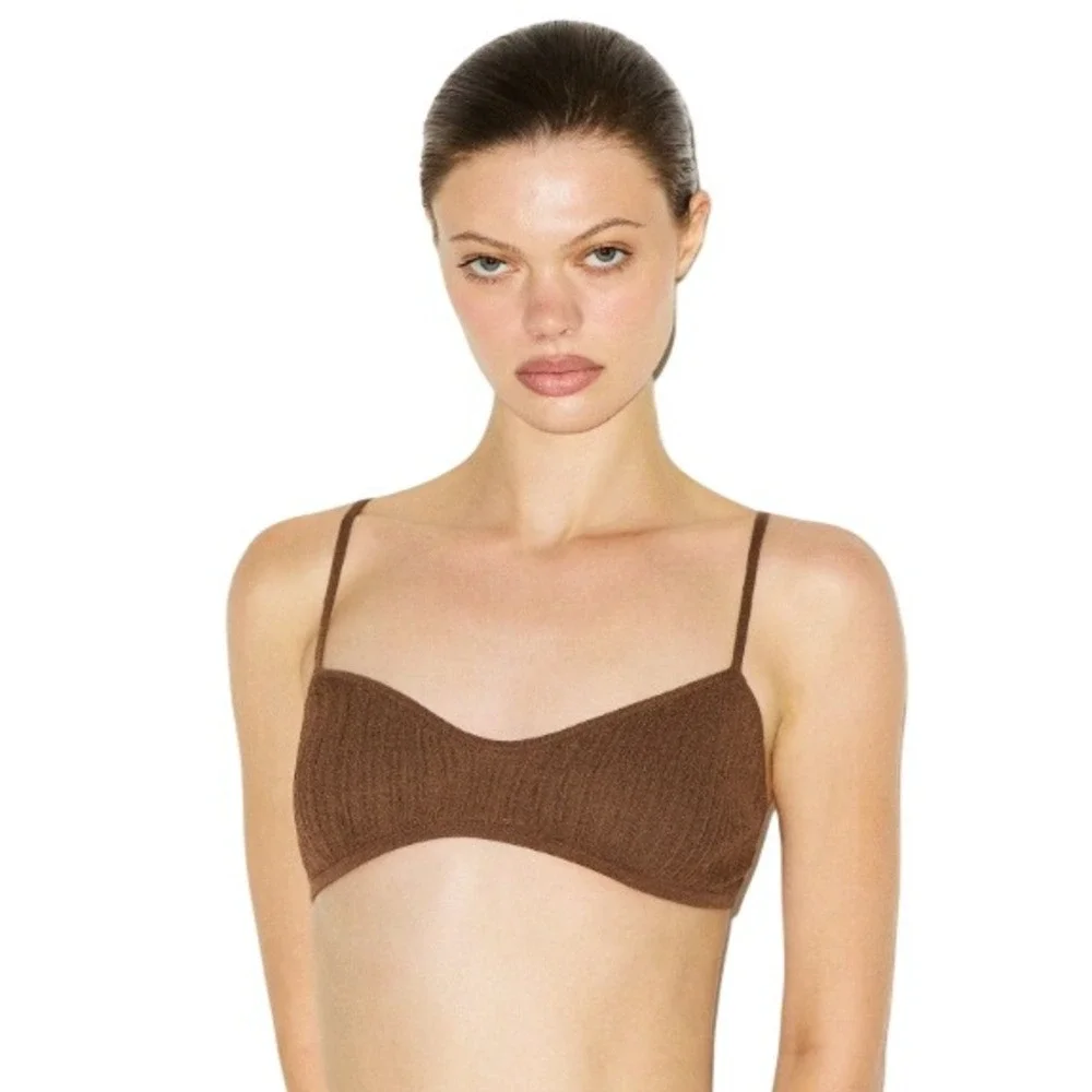Skims Sheer Knit Bralette Bison Brown Ribbed Triangle Bra PL-PLG-8171W Large